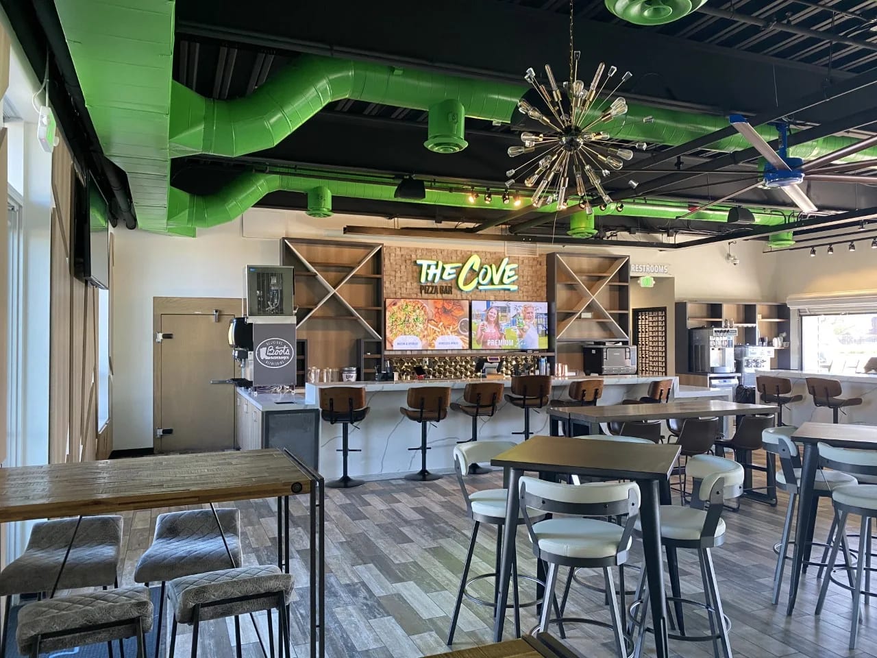 Completed interior of The Cove Pizza Bar with its distinctive bar and restaurant finishes
